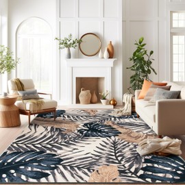 Rugshop Tropical Floral Leaves High Traffic Living Room,Bedroom,Kitchen, Home Office Non Slip Area Rug 7'10" x 10' Beige