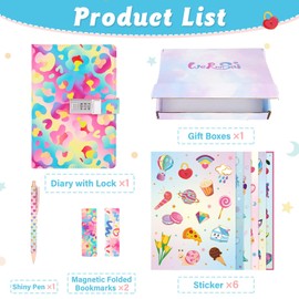 WERNNSAI Kids Diary Set, Girls Leopard Journal with Lock, Waterproof Leather Journal for Girls, Teen A5 Diary Gift Set with 6 Stickers, 1 Bookmark and 1 Writing Pen