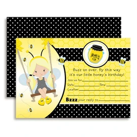 Bumble Bee Girl Birthday Party Invitations, 20 5"x7" Fill In Cards with Twenty White Envelopes by AmandaCreation