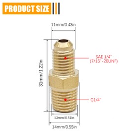 1 Pcs Brass Flare Adapter Half Fitting Gas Connection Fittings, SAE 1/4"(7/16"-20 UNF) Flare Male to G1/4" Male Pipe Adapter Hose Fitting