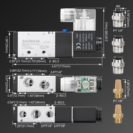 Baomain 4V210-08 Pneumatic Solenoid Valve Kit, 24V DC 5/2 Way 1/4" PT Port, Includes 3x Push-in Fittings for 6mm Tube and 2x Exhaust Mufflers