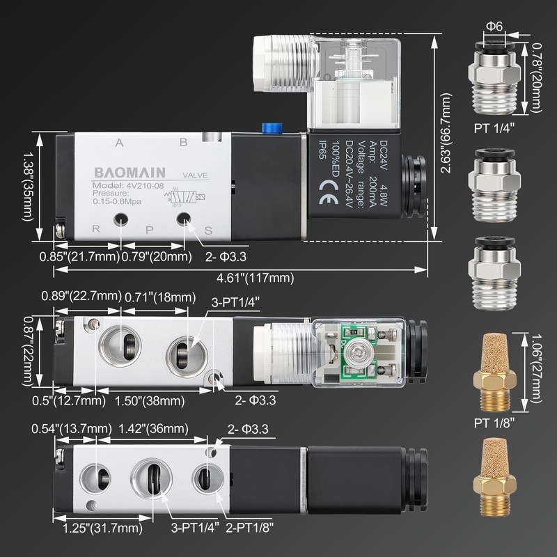 Baomain 4V210-08 Pneumatic Solenoid Valve Kit, 24V DC 5/2 Way