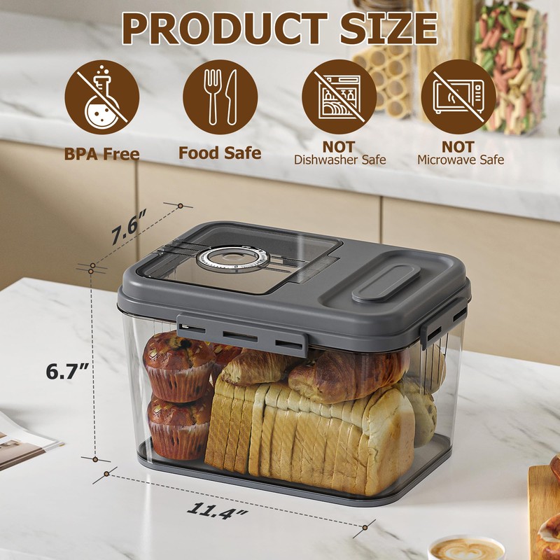 Olimingse Bread Box, 10L Gray Airtight Braed Storage Container, Bread