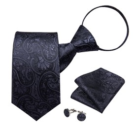 DiBanGu Mens Adjustable Zipper Ties, Woven Paisley Striped Plaid Necktie and Pocket Square Cufflinks Set Pre-tied Wedding Tie, Black