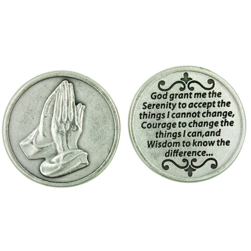 Praying Hands Pocket Token Silver Tone Devotional with Serenity Prayer