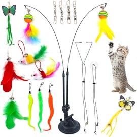 RETZLA 20PCS Feather Teaser Cat Toy Set with 1 Suction Cup & 2 Wands, Including 3 Caterpillar Toys for Interactive Indoor Play and Exercise