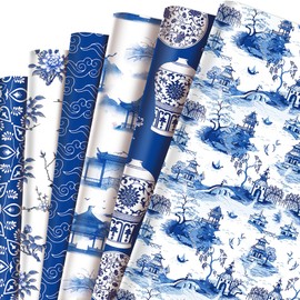XMBHHRM 12 Sheets Blue Chinoiserie Wrapping Paper 27 x 20 inch China Vintage Floral Elements Gift Wrap Paper Bulk Oriental Art Paper for Birthday Mother's Day Wedding Party Craft Deco - 6 Designs