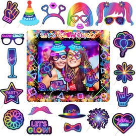 POPOYU Pack of 26 Let's Glow Photo Box Accessories, Neon Party Inflatable Photo Frame with 25 Glow Photo Box Props, Selfie Frame, Inflatable Picture Frame for Let's Glow, Photo Frame Set