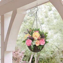 Artificial Hanging Flowers in Basket for Garden Decoration,Faux Silk Rose Lavender in Planter Realistic for Outside Home Wedding Porch Balcony Yard Decor 17.7"