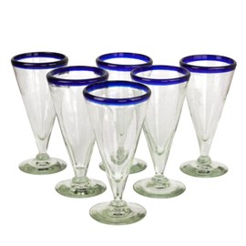NOVICA Artisan Crafted Hand Blown Recycled Glass Clear Cobalt Blue Rim Cocktail Glasses, 8 oz 'Bohemia' (set of 6)