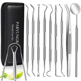 11 Pack Dental Tools PARYUNGR Teeth Cleaning Tool Kit, Stainless Steel Tongue Scraper Tartar Plaque Remover Tooth Cleaner Dental Picks Mouth Mirror, Professional Oral Care Hygiene Set with Case