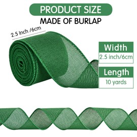 TONIFUL Burlap Wired Ribbon, 2.5 Inch Faux Burlap Ribbons, Green Burlap Ribbon for Christmas, Home Decor, Gift Wrapping, Tree Topper Bow, Wreath, Outdoor Decorations, DIY Crafts (10 Yards）