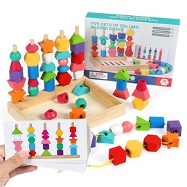 Ainiv Montessori Toys for 3 Year Old, Wooden Beads Toys for Toddlers 1-3, Sequencing & Stacking Stacking Toys with Storage Box, Stem Preschool Learning Montessori Toys Gifts for Kids Boy Girl