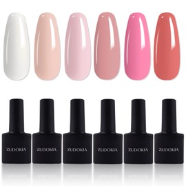 ZUDOKIA Pink Gel Nail Polish Set, 6 Colors Classic Bright Pink White Glitter Light Pink Soak Off Nail Art Home DIY Gel Manicure Set Valentine