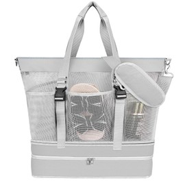Yotako Beach Bag with Cooler, Mesh Beach Tote Bag with Zipper, 2-in-1 Durable Tote with 10 Pockets, Foldable for Pool Travel Camping Adjustable Crossbody for Women Grey