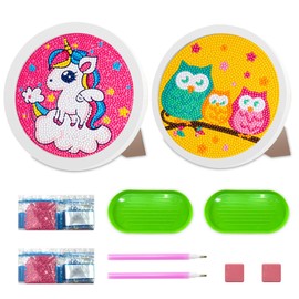 ZUYIST Pack of 2 Unicorn Owl Diamond Painting Children Girls, DIY 5D Diamond Painting Pictures Children, Diamond Painting Children with Frame for Decor Home Wall Desktop, Diameter 16.5 cm