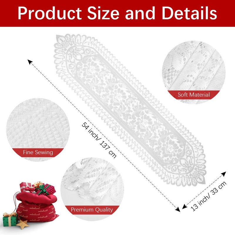 Christmas Table Runner, Lace Table Runner White Christmas Runner for