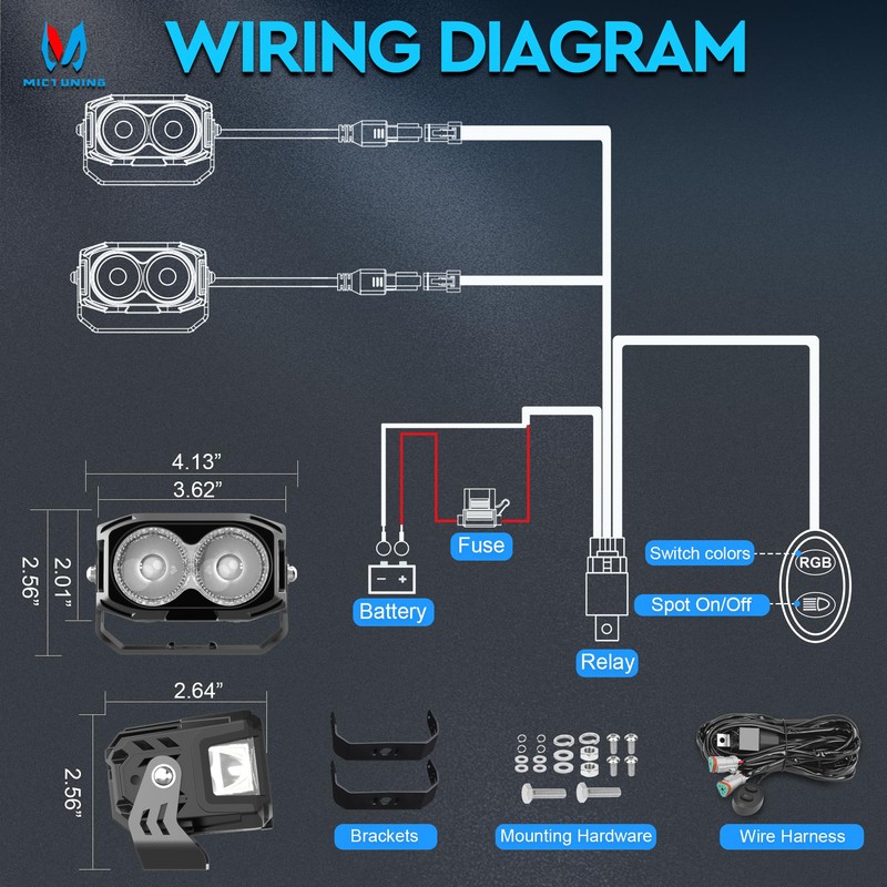 MICTUNING 4 Inch 56W LED Pods, RGB 7-Color Gradient Mode
