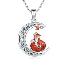 Adnix Fox Necklace 925 Sterling Silver Fox Moon Necklace Fox Pendant Cute Fox necklace Orange Fox Jewelry for Women Men