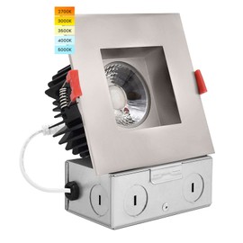 LUXRITE 4 Inch Square LED Recessed Lighting with Junction Box, 15W, 5 Color Selectable 2700K-5000K, 1100 Lumens, 40° Spotlight, Dimmable Downlight, Wet Rated, IC Rated - Brushed Nickel