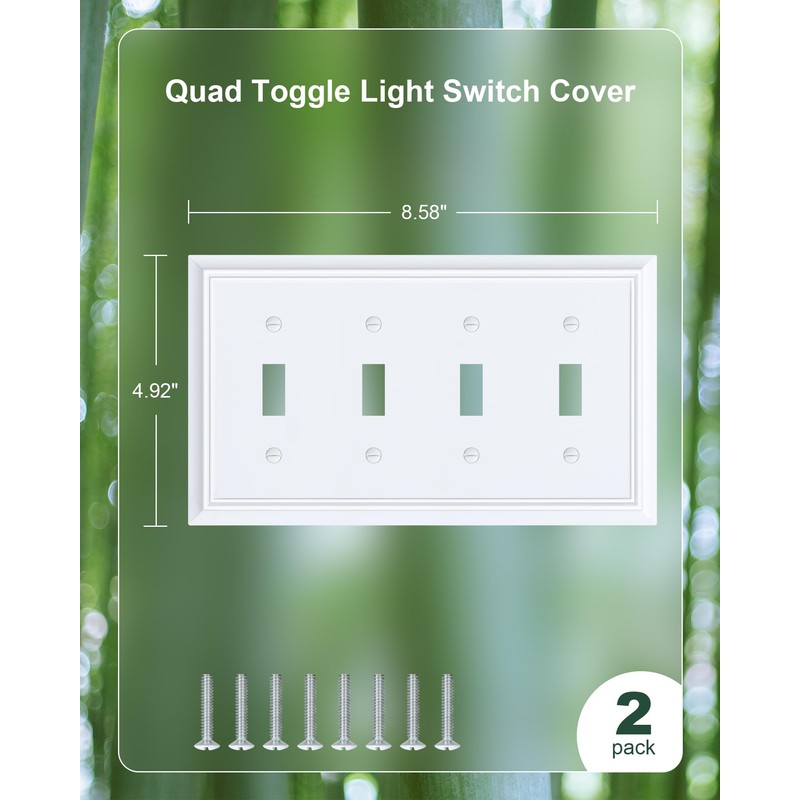 2-Pack Quad Toggle Light Switch Cover Plate, Pure White Decorative