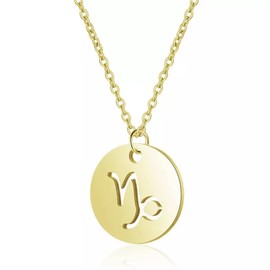 Gold Star Sign Disc Pendant Chain Necklace - Capricorn (22nd December - 19th January) - Zodiac Constellation Horoscope Celestial Astrology Jewellery - Women Men Gift