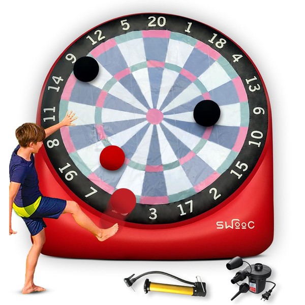 SWOOC Games - Giant Kick Darts (Over 6ft Tall) with Over 15 Games Included - Giant Inflatable Outdoor Dartboard with Soccer Balls, Air Pump & Score Card - Jumbo Foot Darts Game with Big Target (Red)