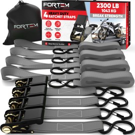 FORTEM Ratchet Straps, 2300lb Break Strength, 4 Pack 15ft x 1in Tie Down Strap Set, 4 Soft Loops, Motorcycle Straps Tie Downs, Cargo Cam Buckles, Rubber Handles, Safety Lock S Hooks, Carry Bag