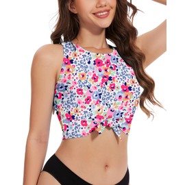 WOWENY Front Knot Bikini Crop Tops for Women Swim Tank Tops Padded High Neck Tankini Top Bathing Suit Swimsuit Top Only (Floral and Leopard, L)