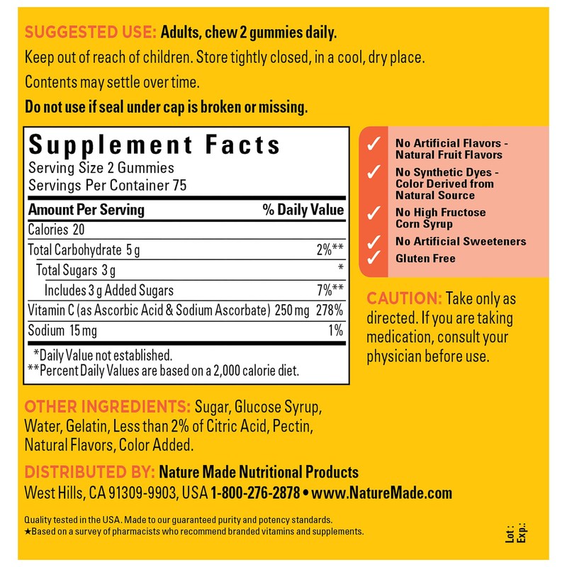 Nature Made Vitamin C 250 mg per serving, Dietary Supplement