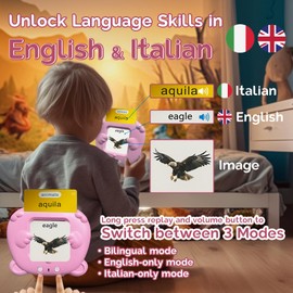 KILOGOGRAPH Bilingual English Italian Flash Cards - Talking Flash Cards for Kids, 510 Sight Words, Pocket Speech for Toddlers 3-12, Autism Sensory Toys, Preschool Learning Activities Girls (Pink)