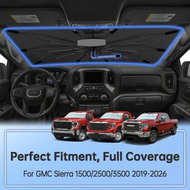 Windshield Sun Shade Umbrella for GMC Sierra 1500 2500 3500 2019-2026, Foldable Sunshade for Car Front Window, 360 Rotation Automotive Interior UV Protection for Outdoor Parking, Keep Car Cool