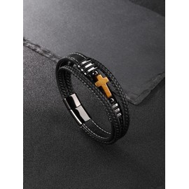 PiercingJak Men's Bracelet Natural Stone Beads Leather Braided Genuine Leather with Ball Cross Tiger Eye Stone Bangle Fashion Charm Jewellery Birthday Gifts for Men Dad Husband, Leather Stone