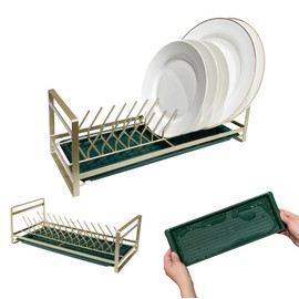 HAFUU Compact Dish Rack for Kitchen Counter Gold Plate Rack Organizer for Kitchen Cabinets Dish Drying Rack Drainer with Drainboard for Dishes