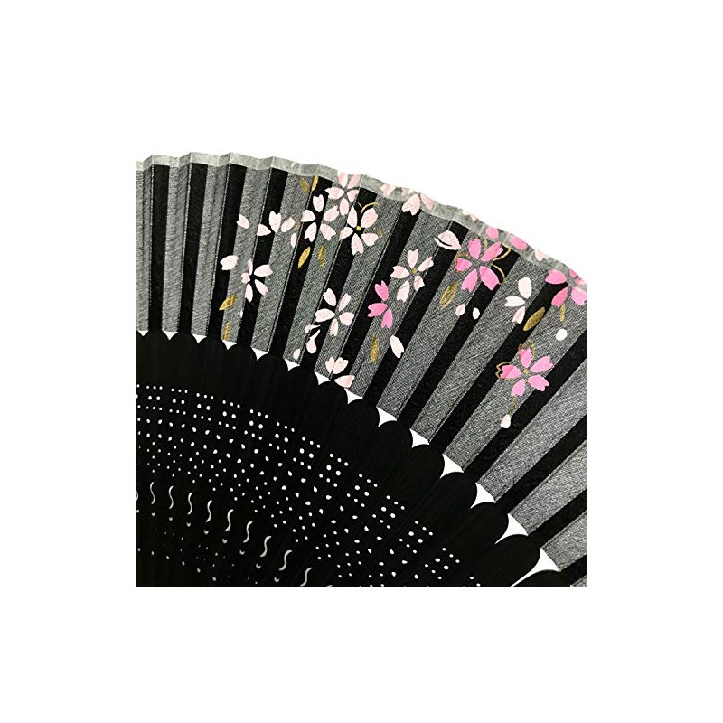 Hana-Kanzashi Women's Silk Fan, Cherry Blossom Pattern, Black, Lady’s Length,