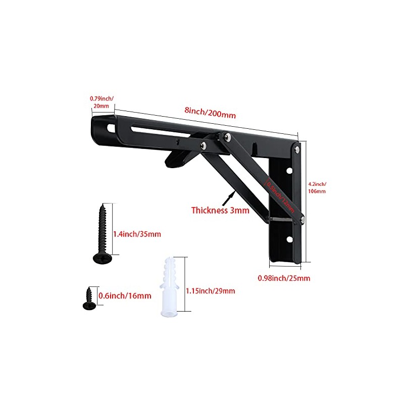 Monsky 8" Black Foldable Shelf Brackets Heavy Duty Stainless Steel