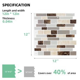 Jeedeson 10-Sheet Peel and Stick Backsplash Tile Shelf-Adhesive Wall Stickers for Kitchen, Bathroom, Counter Top (12"x12", Brown Marble Look)