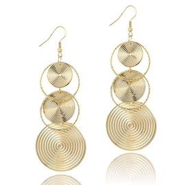 14K Gold Triple Round Spiral Disc Dangle Earrings Carved Big Long Dangling Bohemia Vintage Circular Statement Chandelier Earrings for Party Prom for Women Girls