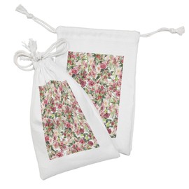 Ambesonne Floral Fabric Pouch Set of 2, Delicate Vibrant Colors Roses Bouquet and Berries Art, Small Drawstring Bag for Toiletries Masks and Favors, 9" x 6", Green Pink