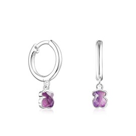 TOUS Aretes de Plata de Primera Ley para Mujer con Amatista con Motivo de Oso de 0,46 cm, Cierre Criolla, Elegante y Diferente, Colección Cool Color
