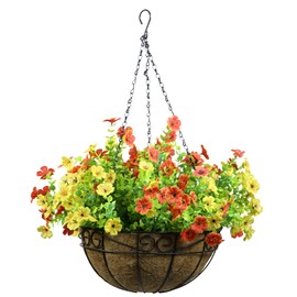 JMFFL Artificial Fake Hanging Plants Flowers Basket for Outdoor Outside Porch Summer Decoration, Faux Silk Dasiy UV Resistant Realistic in Planter for Home Kitchen Office Shelf Decor (6color)