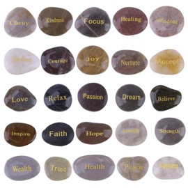 Cyanbamboo Engraved Inspirational Gift Stones Words Natural Stones Lettering for Prayer Faith Meditation (25 Different Words 1-2 inches)- Worry Stones Party Rocks with Sayings Positive Motivational