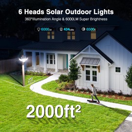 SZPOWER 6000LM Solar Lights Outdoor, 6 Heads Solar Flood Lights with 2 Motion Sensors & Remote Control, IP65 Waterproof, LED Security Lights for Yard, Patio, House, 2 Pack