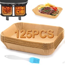 Backpapier für Heißluftfritteuse, 125 Stück 22x14cm Rechteckig Airfryer Backpapier Pergamentpapier Liner für Ninja AF300EU AF400EU, Foodi, Princess und Anderen Dual Zone Air Fryer Zubehör + Ölbürste