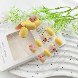 Press on Nails Short Square False Nails Glossy Acrylic Nails with Black Dot Lrregular Pattern Designs Flower Glue on Nails Yellow Full Cover Fake Nails Cute Nails Press ons for Girls and Women 24Pcs
