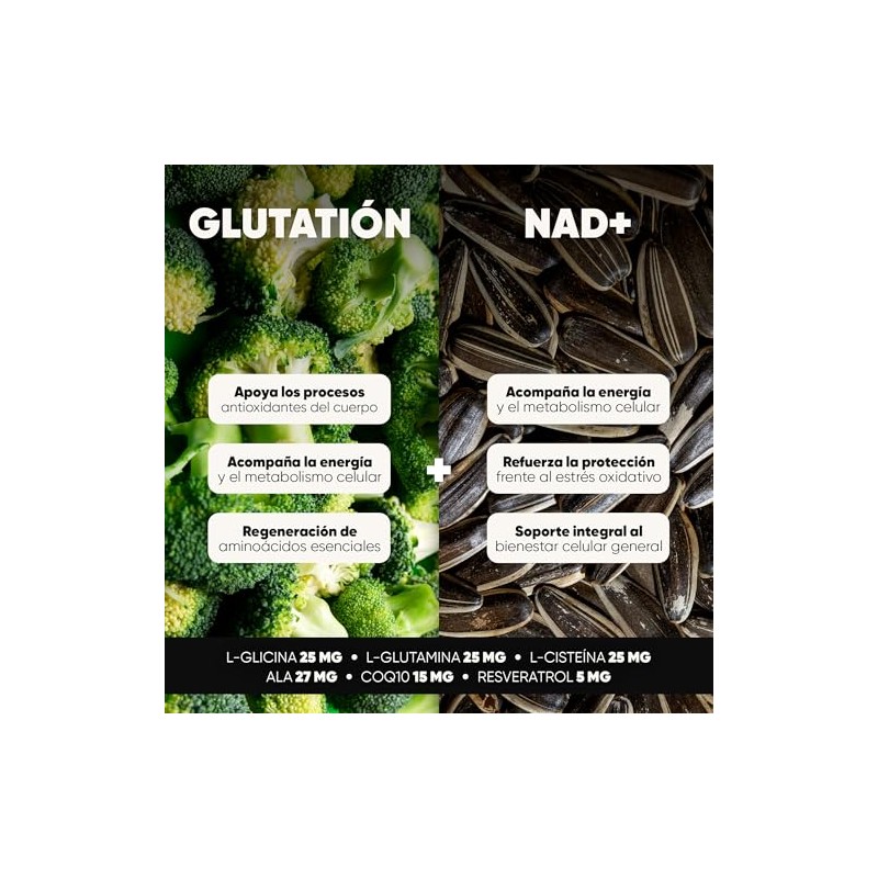 Glutatión 500mg NAD+ 200mg Cápsulas Veganas NAC y CoQ10 90