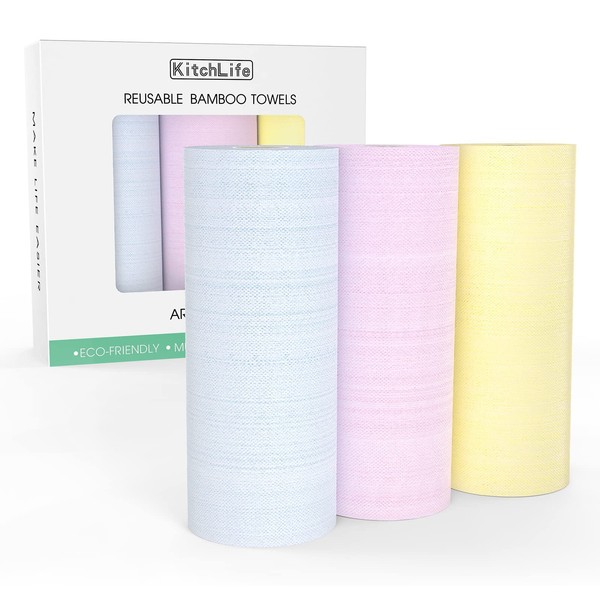 KitchLife Reusable Bamboo Paper Towels - 3 Rolls = 12 Months Supply, Washable and Recycled Paper Rolls, Zero Waste Sustainable Gifts, Environmentally Friendly, Tricolor