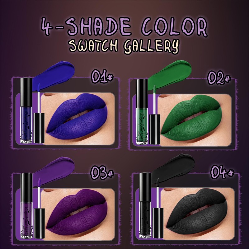 4PCS Halloween Matte Liquid Lipstick Set,Green Blue Black Lip Gloss