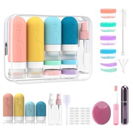 FLOVAOZ Kit de Viaje para Aseo Personal, Set de 20 Esenciales de Viaje, Botellas Aprobadas Avión, Impermeables y a Prueba Fugas para Loción, Champú, Acondicionador y Jabón Corporal (Flamingo)