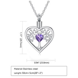 RIPFEVURN Tree of Life Heart Urn Necklaces for Ashes for Women Men Stainless Steel Cremation Jewelry Urn Locket for Human Ashes Holder Memorial Keepsake Pendant(Purple)